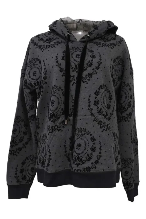 Charcoal floral-flocked cotton French terry pullover hoodie with front kangaroo pocket and tulle-lined drawstring hood