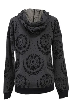Charcoal floral-flocked cotton French terry pullover hoodie with front kangaroo pocket and tulle-lined drawstring hood