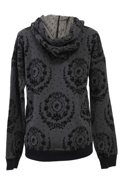 Charcoal floral-flocked cotton French terry pullover hoodie with front kangaroo pocket and tulle-lined drawstring hood