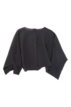Charcoal hand-dyed polyester pullover button-back accordion plissé embroidered cocoon top