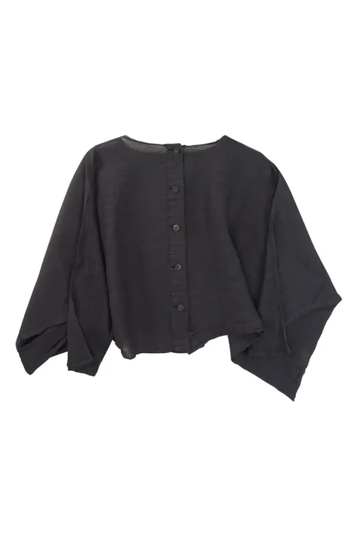 Charcoal hand-dyed polyester pullover button-back accordion plissé embroidered cocoon top