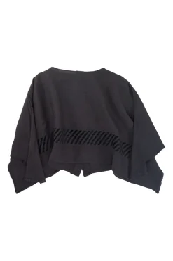 Charcoal hand-dyed polyester pullover button-back accordion plissé embroidered cocoon top