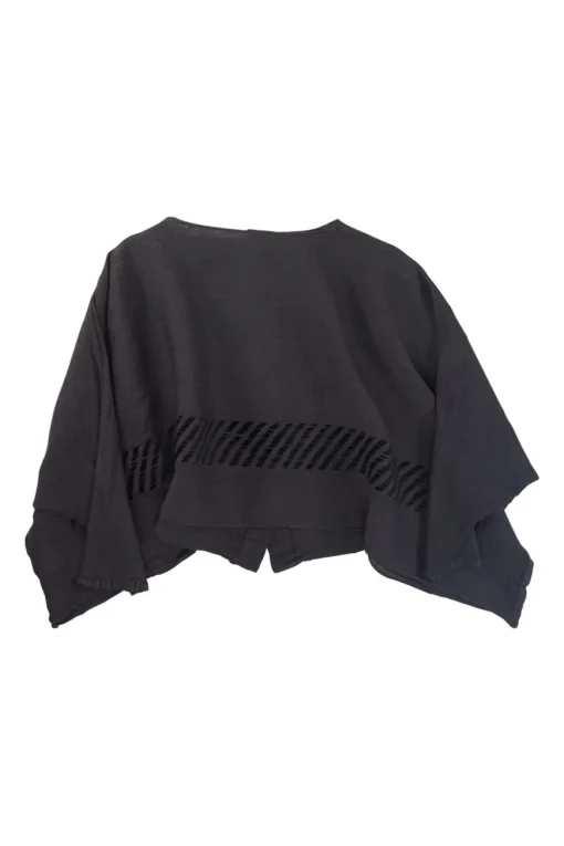 Charcoal hand-dyed polyester pullover button-back accordion plissé embroidered cocoon top