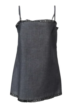 Charcoal lace-trimmed wool-blend mélange straight-neck slip dress with fixed spaghetti straps