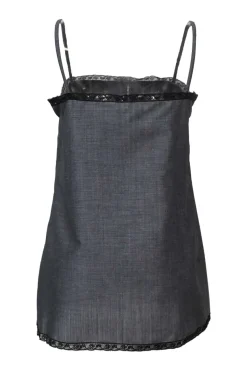 Charcoal lace-trimmed wool-blend mélange straight-neck slip dress with fixed spaghetti straps
