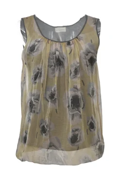 Charcoal mixed-media cotton jersey and floral crinkle georgette scoop neck bubble tank top