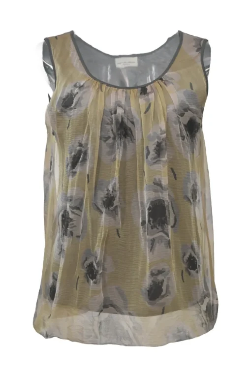 Charcoal mixed-media cotton jersey and floral crinkle georgette scoop neck bubble tank top