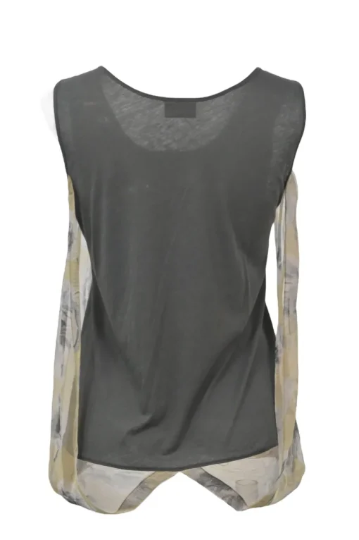 Charcoal mixed-media cotton jersey and floral crinkle georgette scoop neck bubble tank top