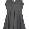 Charcoal paneled wool tweed plunge pinafore mini A-line dress