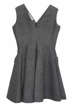 Charcoal paneled wool tweed plunge pinafore mini A-line dress