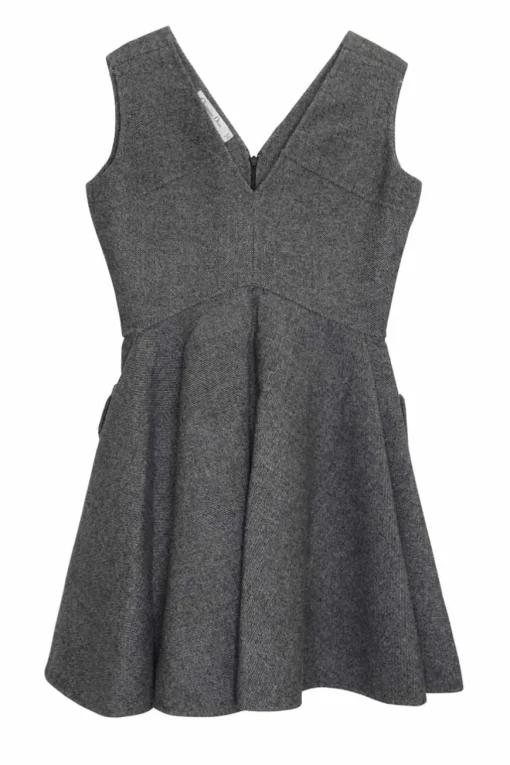Charcoal paneled wool tweed plunge pinafore mini A-line dress