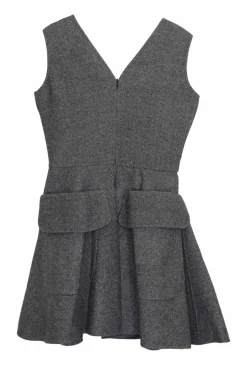 Charcoal paneled wool tweed plunge pinafore mini A-line dress
