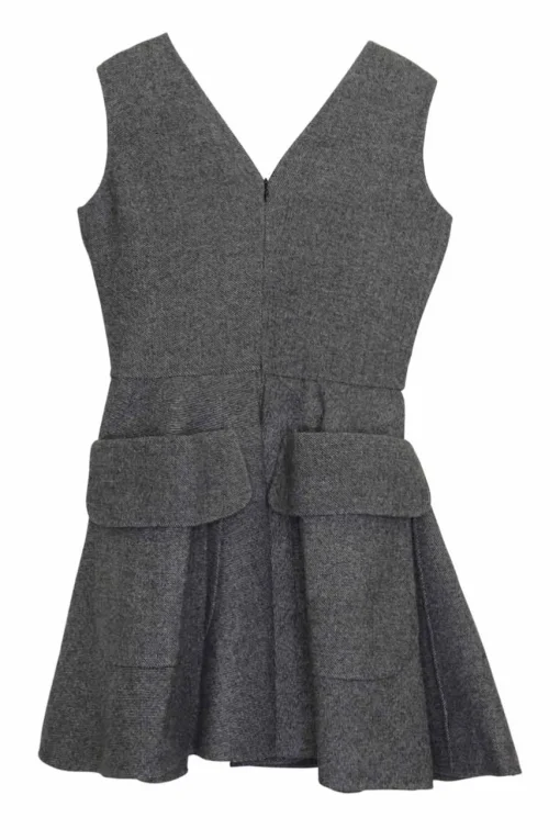 Charcoal paneled wool tweed plunge pinafore mini A-line dress