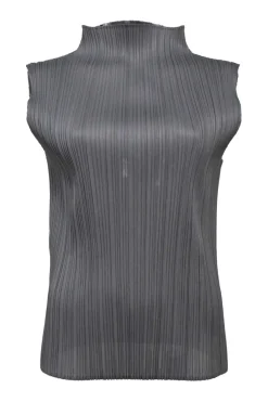 Charcoal polyester high-neck sleeveless plissé blouse