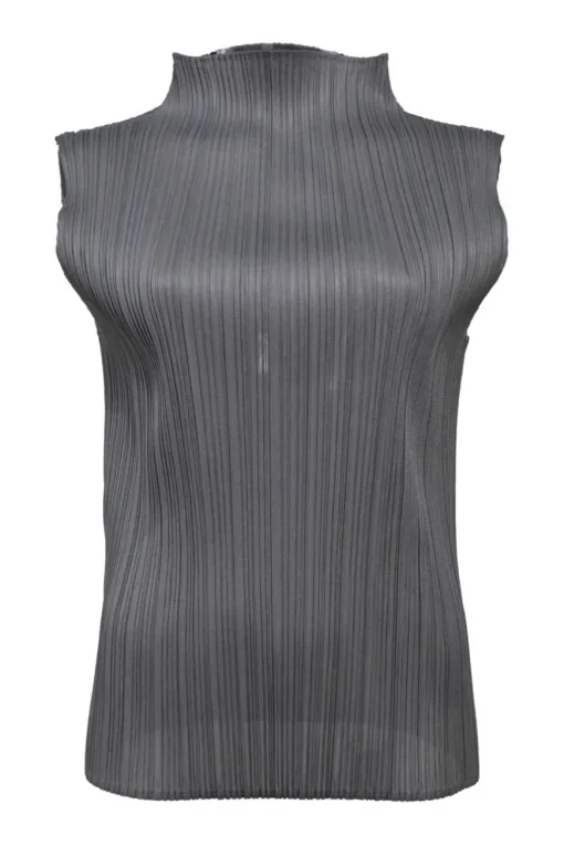 Charcoal polyester high-neck sleeveless plissé blouse