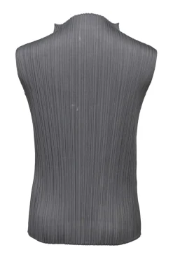 Charcoal polyester high-neck sleeveless plissé blouse