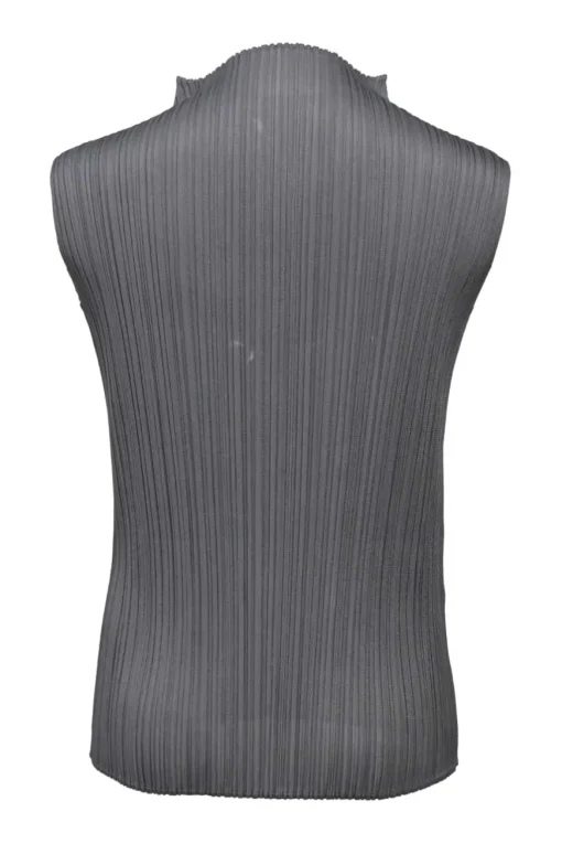 Charcoal polyester high-neck sleeveless plissé blouse
