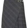 Charcoal polyester-blend Glen check tweed asymmetric wrap-front apron-style knee-length pleated skirt with buckle hip fastening