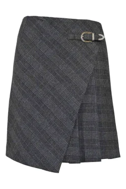 Charcoal polyester-blend Glen check tweed asymmetric wrap-front apron-style knee-length pleated skirt with buckle hip fastening