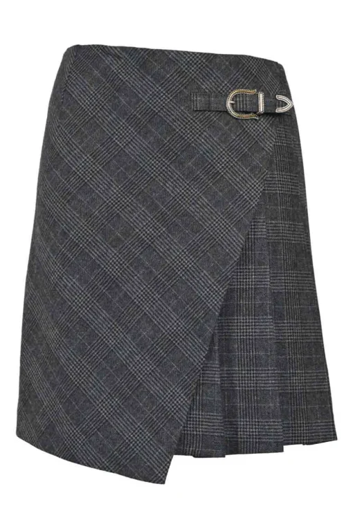 Charcoal polyester-blend Glen check tweed asymmetric wrap-front apron-style knee-length pleated skirt with buckle hip fastening