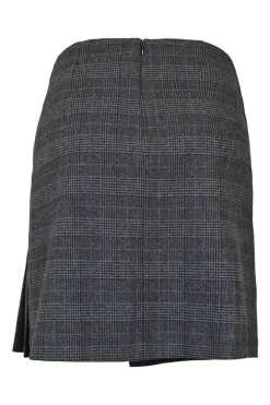 Charcoal polyester-blend Glen check tweed asymmetric wrap-front apron-style knee-length pleated skirt with buckle hip fastening