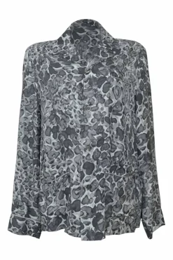 Charcoal silk painterly leopard print spread notch collar button-front lounge shirt