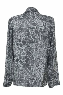 Charcoal silk painterly leopard print spread notch collar button-front lounge shirt