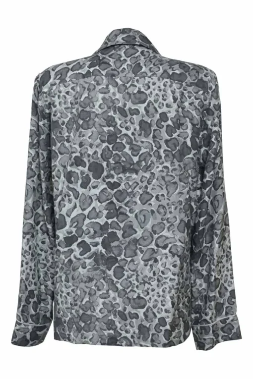 Charcoal silk painterly leopard print spread notch collar button-front lounge shirt
