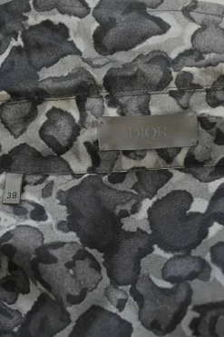 Charcoal silk painterly leopard print spread notch collar button-front lounge shirt