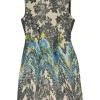 Charcoal silk paneled Mandarin collar knee-length sheath dress with abstract floral print front panels