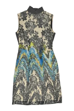 Charcoal silk paneled Mandarin collar knee-length sheath dress with abstract floral print front panels