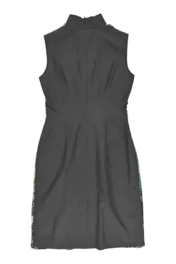 Charcoal silk paneled Mandarin collar knee-length sheath dress with abstract floral print front panels