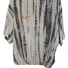 Charcoal silk tie-dye print short sleeve pullover top with drawstring hem and drop shoulders
