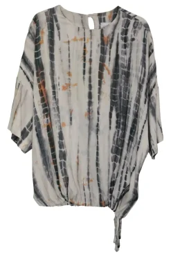 Charcoal silk tie-dye print short sleeve pullover top with drawstring hem and drop shoulders