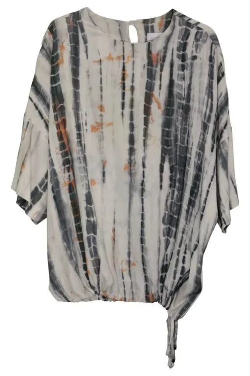 Charcoal silk tie-dye print short sleeve pullover top with drawstring hem and drop shoulders