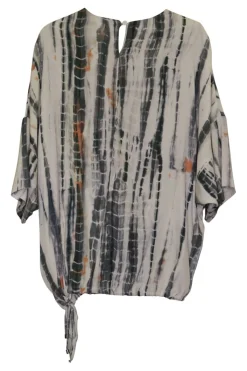 Charcoal silk tie-dye print short sleeve pullover top with drawstring hem and drop shoulders