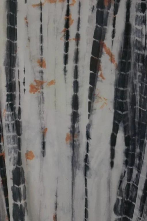 Charcoal silk tie-dye print short sleeve pullover top with drawstring hem and drop shoulders