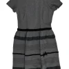 Charcoal viscose-blend interlock knit short sleeve scalloped mini dress with velvet trim appliquésmall ripped on body