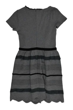 Charcoal viscose-blend interlock knit short sleeve scalloped mini dress with velvet trim appliquésmall ripped on body