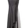 Charcoal wool mixed-media draped mélange wrap-effect A-line knee-length dress with tuck-pleat waist
