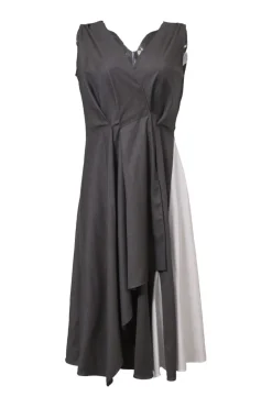 Charcoal wool mixed-media draped mélange wrap-effect A-line knee-length dress with tuck-pleat waist