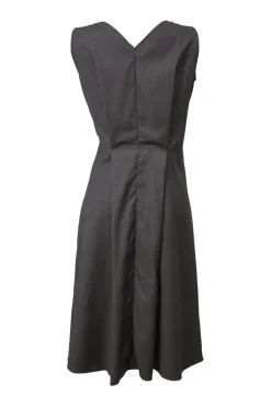 Charcoal wool mixed-media draped mélange wrap-effect A-line knee-length dress with tuck-pleat waist
