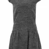 Charcoal wool-blend bouclé tweed drop-waist shift dress with cap sleeves and tiered ruffle skirt