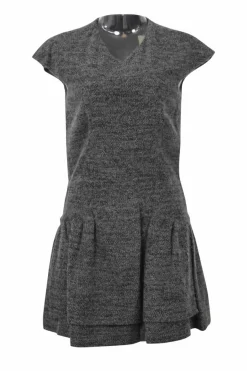Charcoal wool-blend bouclé tweed drop-waist shift dress with cap sleeves and tiered ruffle skirt