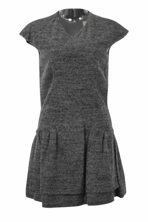 Charcoal wool-blend bouclé tweed drop-waist shift dress with cap sleeves and tiered ruffle skirt