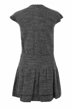Charcoal wool-blend bouclé tweed drop-waist shift dress with cap sleeves and tiered ruffle skirt