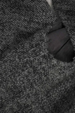 Charcoal wool-blend bouclé tweed drop-waist shift dress with cap sleeves and tiered ruffle skirt