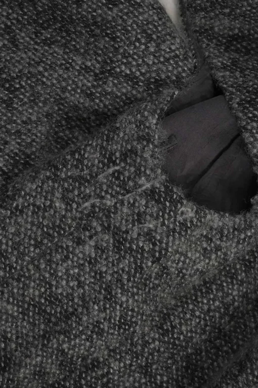 Charcoal wool-blend bouclé tweed drop-waist shift dress with cap sleeves and tiered ruffle skirt