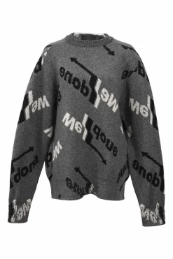 Charcoal wool-blend jacquard knit crewneck pullover sweater featuring allover arrow logo motif