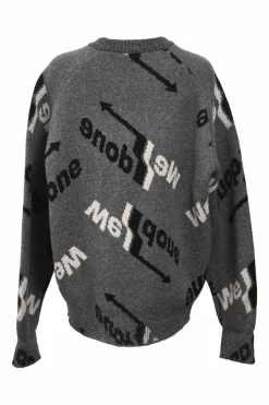 Charcoal wool-blend jacquard knit crewneck pullover sweater featuring allover arrow logo motif